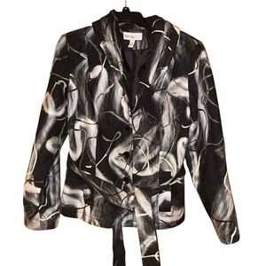 Lana Lee Abstract‎ Art Wool Blend Belted Blazer Jacket Women’s 12 Black White